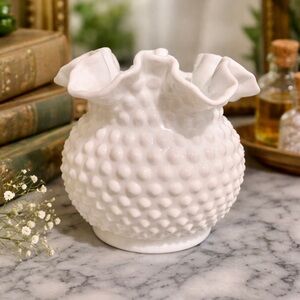 Fenton Milk Glass Hobnail 4 1/2" Miniature Double Crimp Vase